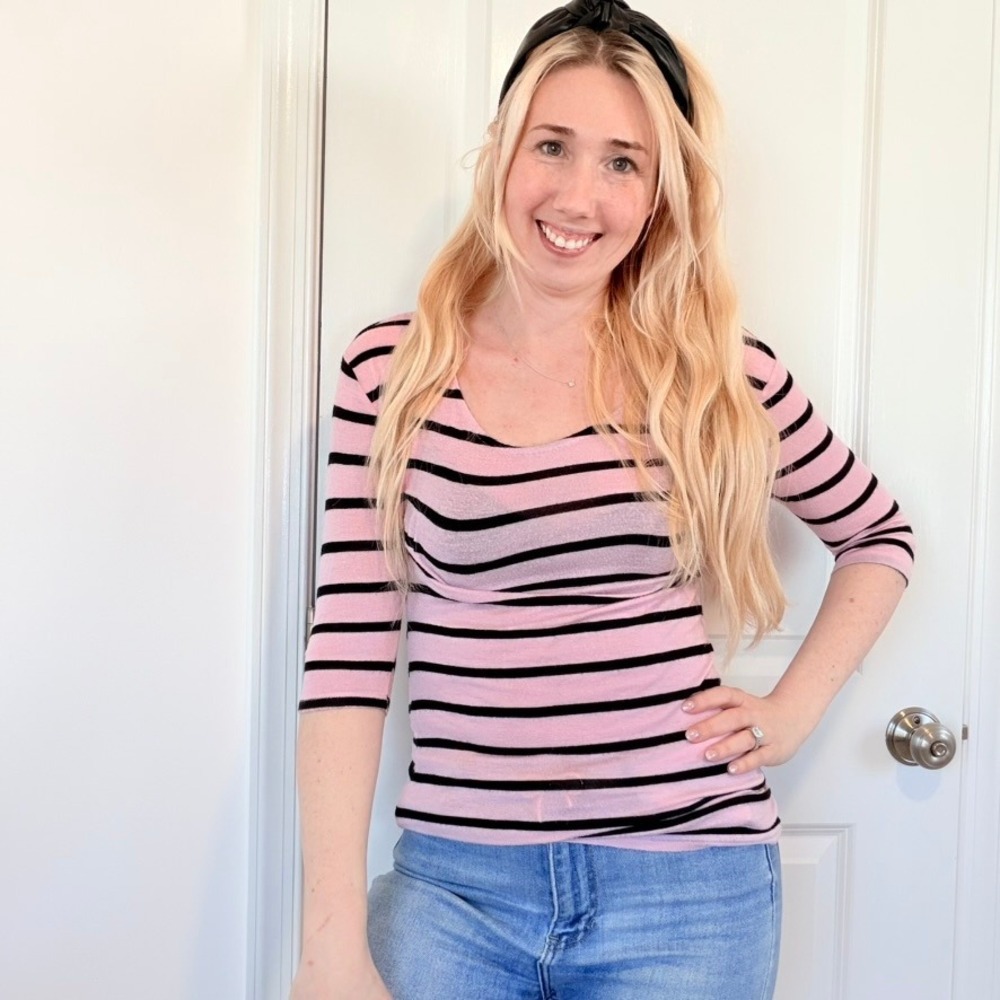 Pink Black Striped 3/4 Sleeve Top Small Back Zipper Scoop Neck T-Shirt